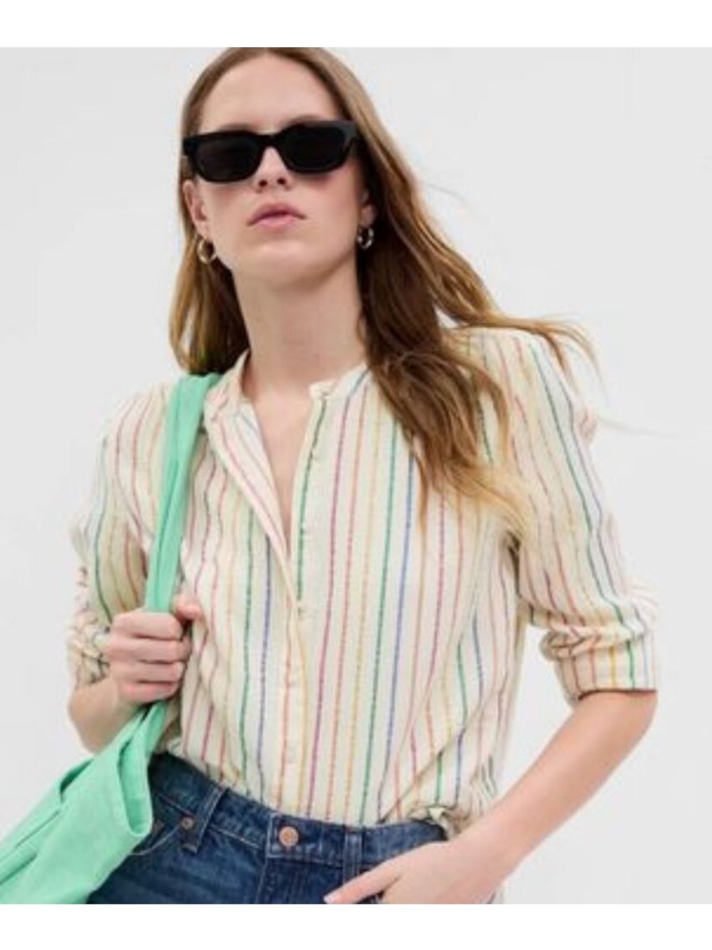 GAP crinkle gauze Striped metallic rainbow Cotton Button-Front sz medium